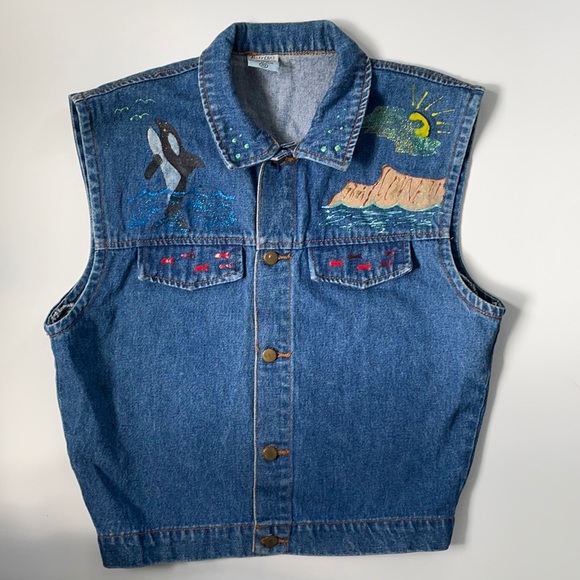 Vintage Hand Painted 90’s Denim Vest Size 10 - Picture 2 of 8